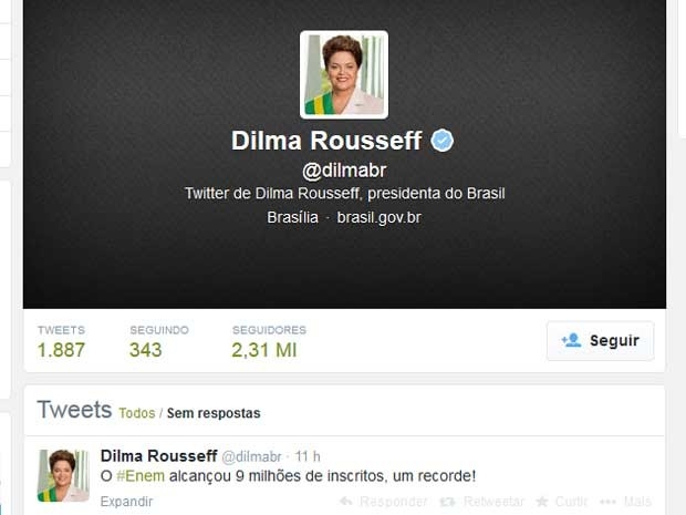 Dilma comentou no 'Twitter' o recorde de inscries no Enem.