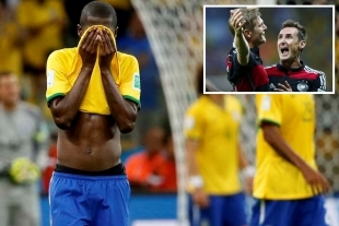 Fernandinho lamenta um dos sete gols da Alemanha; no detalhe, Klose e Kross comemoram a goleada